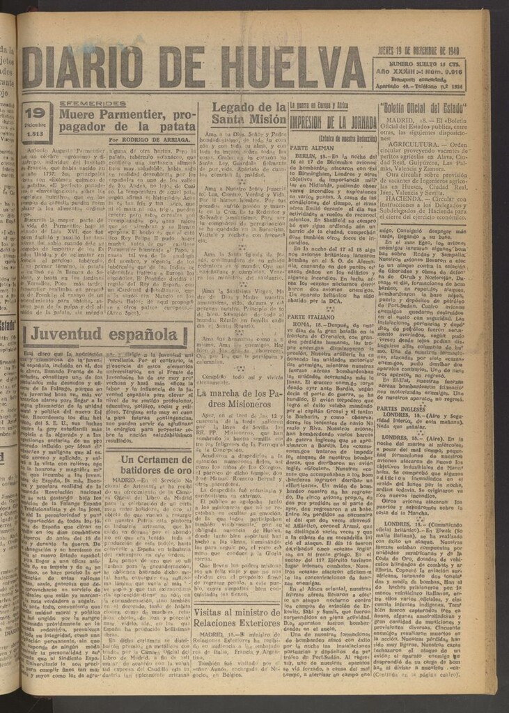Miniatura de Diario de Huelva : periódico independiente del 19 de diciembre de 1940