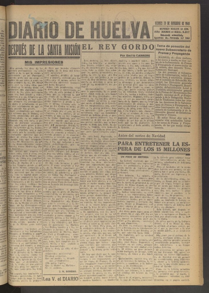 Miniatura de Diario de Huelva : periódico independiente del 20 de diciembre de 1940