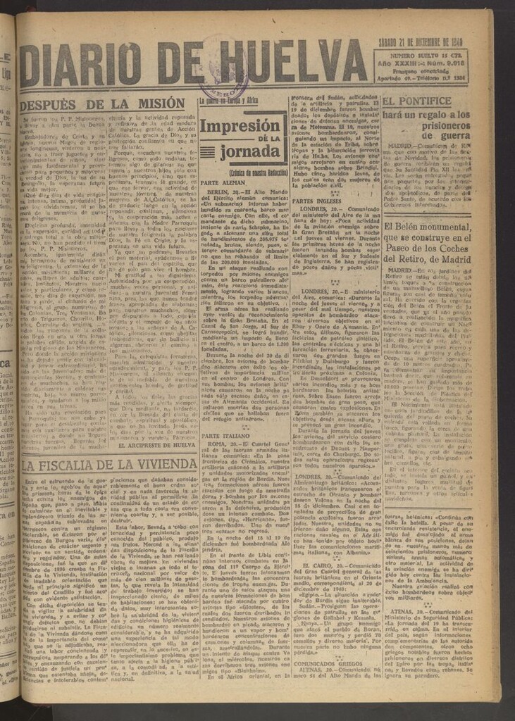 Miniatura de Diario de Huelva : periódico independiente del 21 de diciembre de 1940