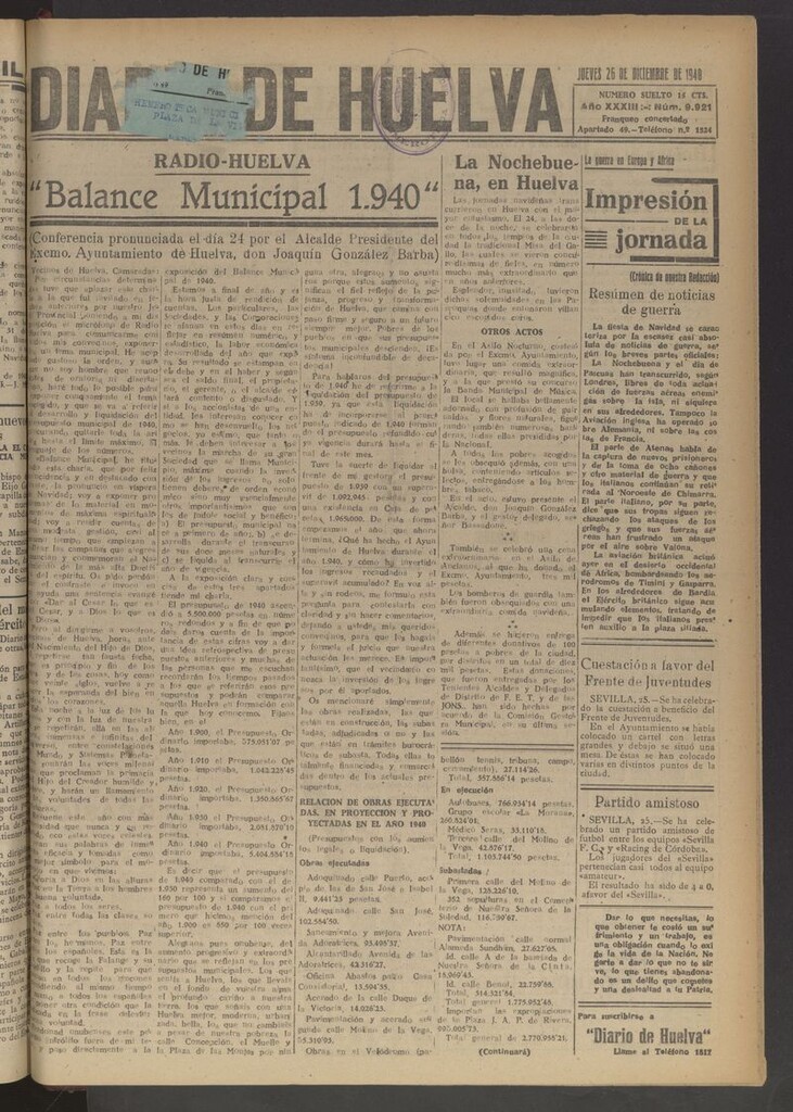 Miniatura de Diario de Huelva : periódico independiente del 26 de diciembre de 1940