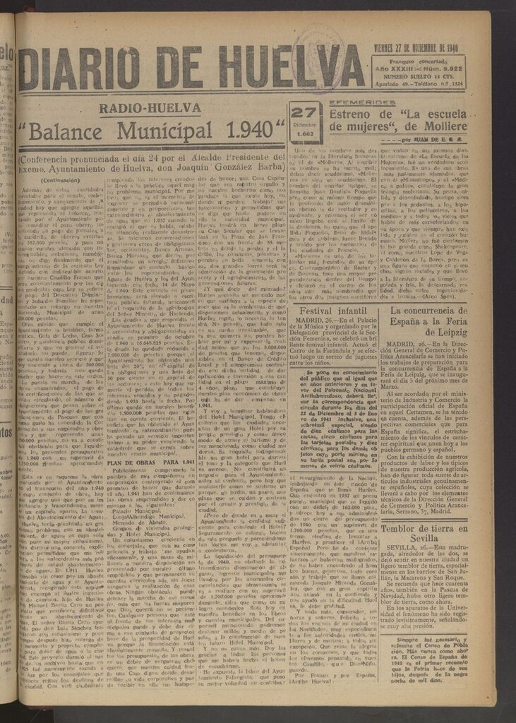 Miniatura de Diario de Huelva : periódico independiente del 27 de diciembre de 1940