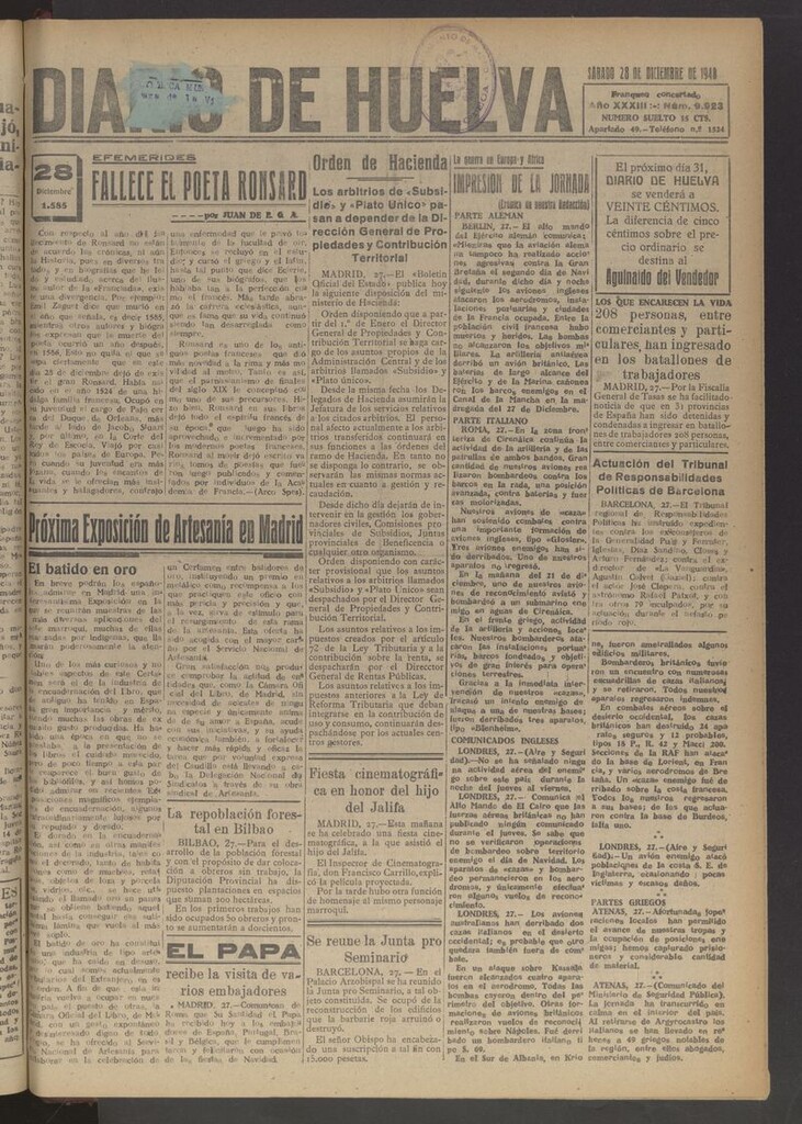 Miniatura de Diario de Huelva : periódico independiente del 28 de diciembre de 1940