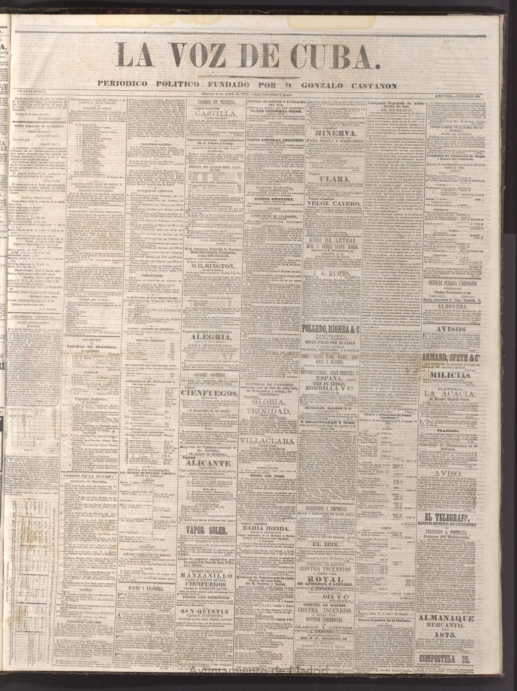 Miniatura de La Voz de Cuba: diario conservador del 6 de abril de 1875