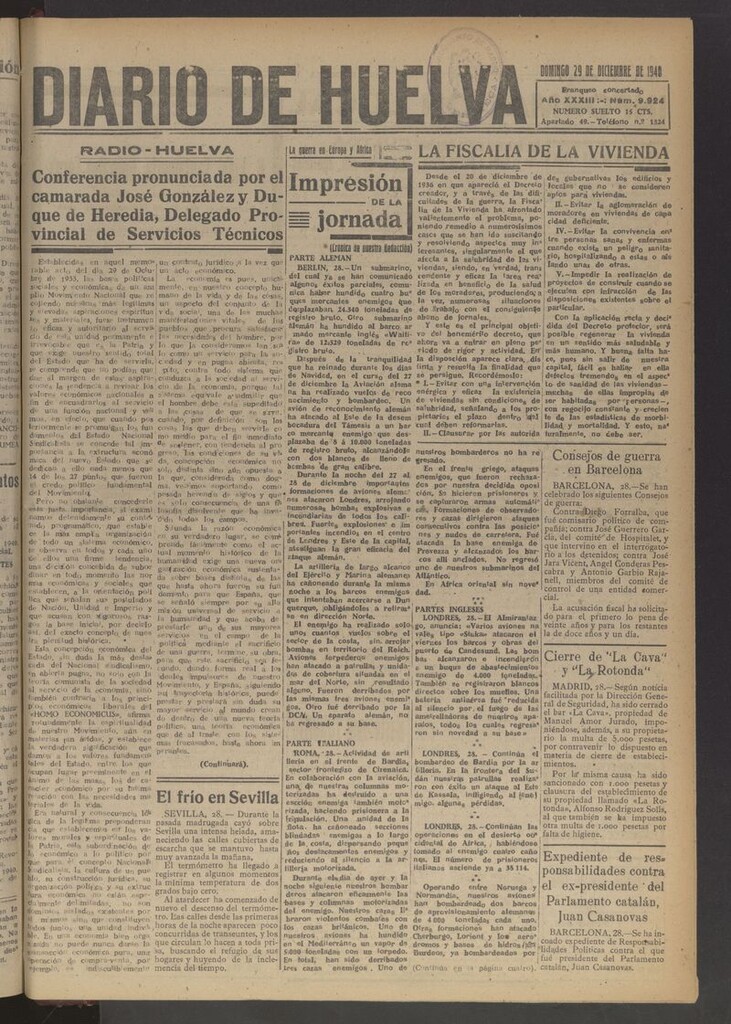 Miniatura de Diario de Huelva : periódico independiente del 29 de diciembre de 1940