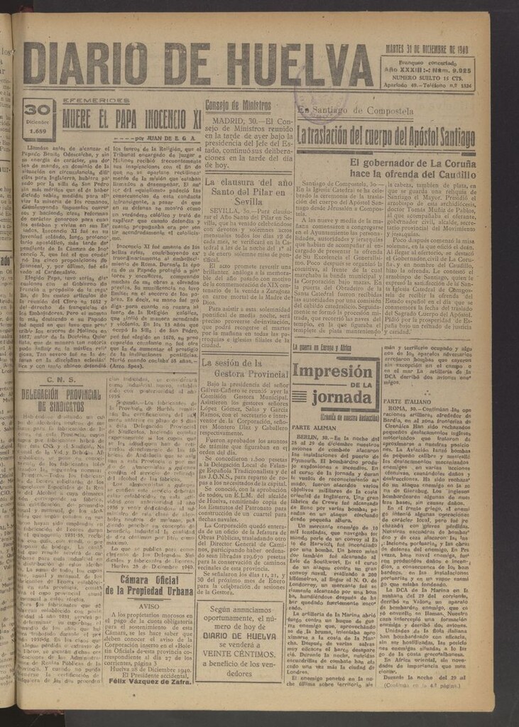 Miniatura de Diario de Huelva : periódico independiente del 31 de diciembre de 1940