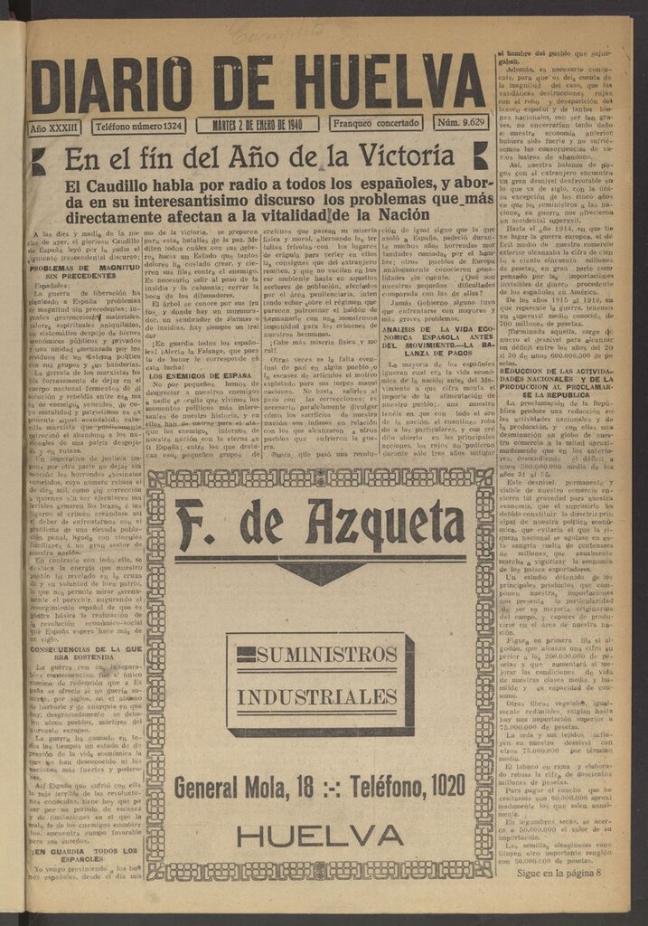 Miniatura de Diario de Huelva : periódico independiente del 2 de enero de 1940