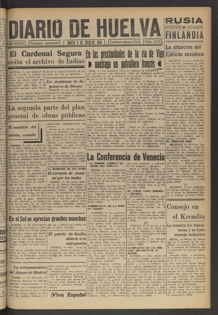 Miniatura de Diario de Huelva : periódico independiente del 9 de enero de 1940