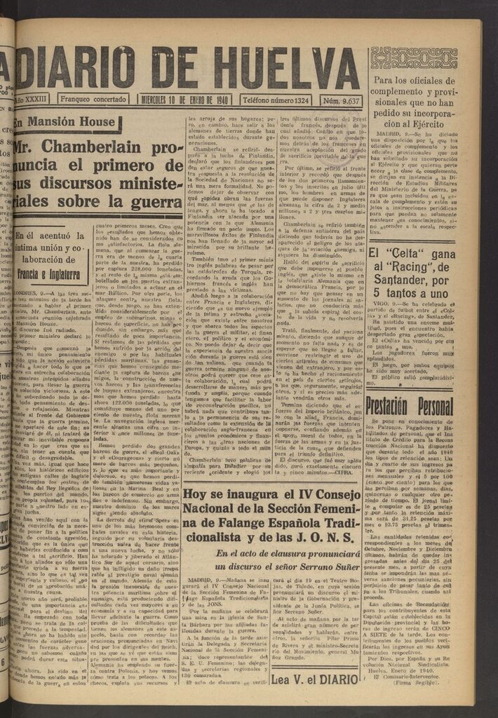 Miniatura de Diario de Huelva : periódico independiente del 10 de enero de 1940