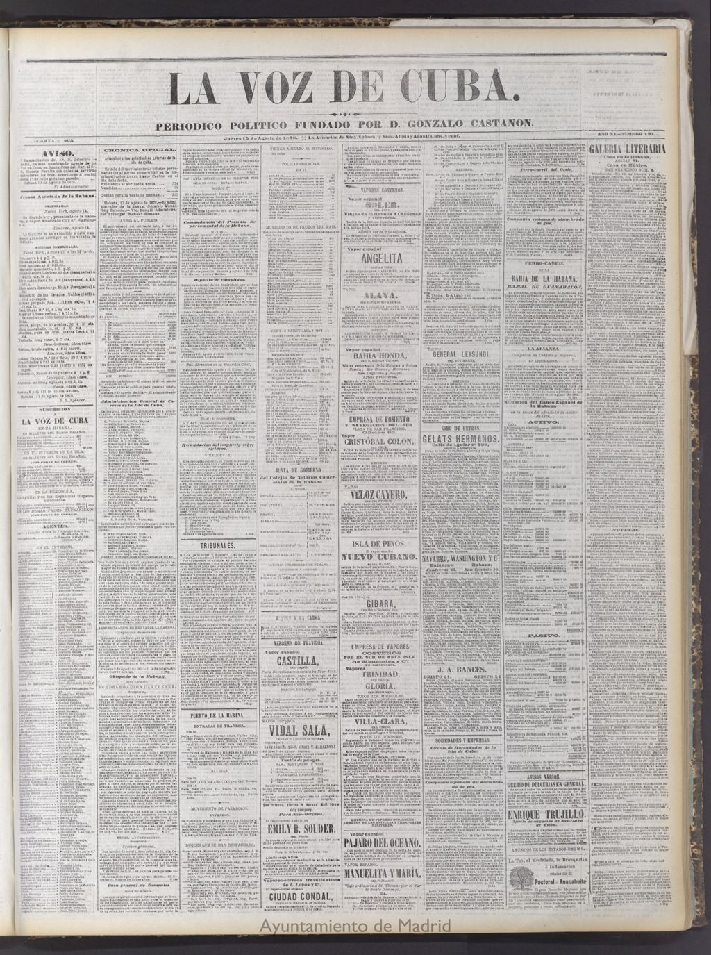 Miniatura de La Voz de Cuba: diario conservador del 15 de agosto de 1878