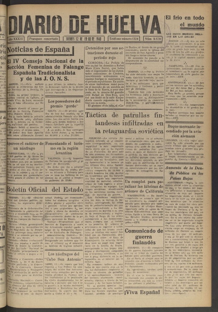 Miniatura de Diario de Huelva : periódico independiente del 12 de enero de 1940