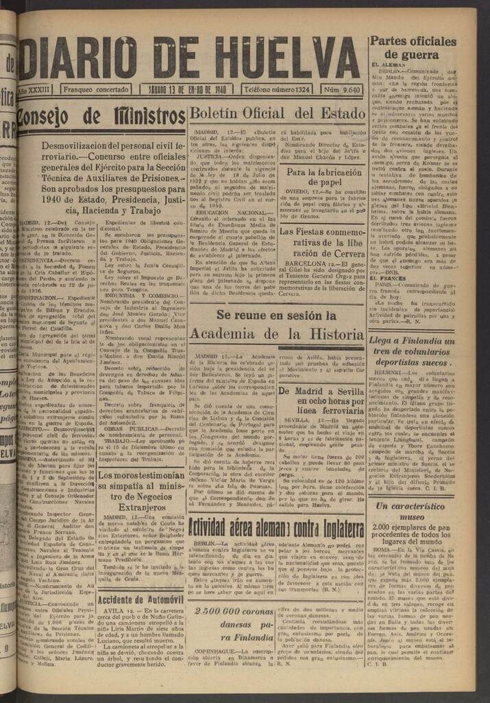 Miniatura de Diario de Huelva : periódico independiente del 13 de enero de 1940