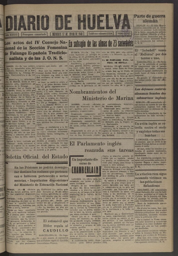 Miniatura de Diario de Huelva : periódico independiente del 17 de enero de 1940