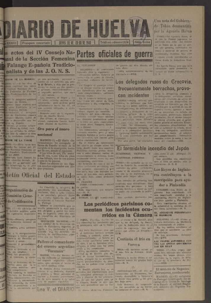 Miniatura de Diario de Huelva : periódico independiente del 18 de enero de 1940