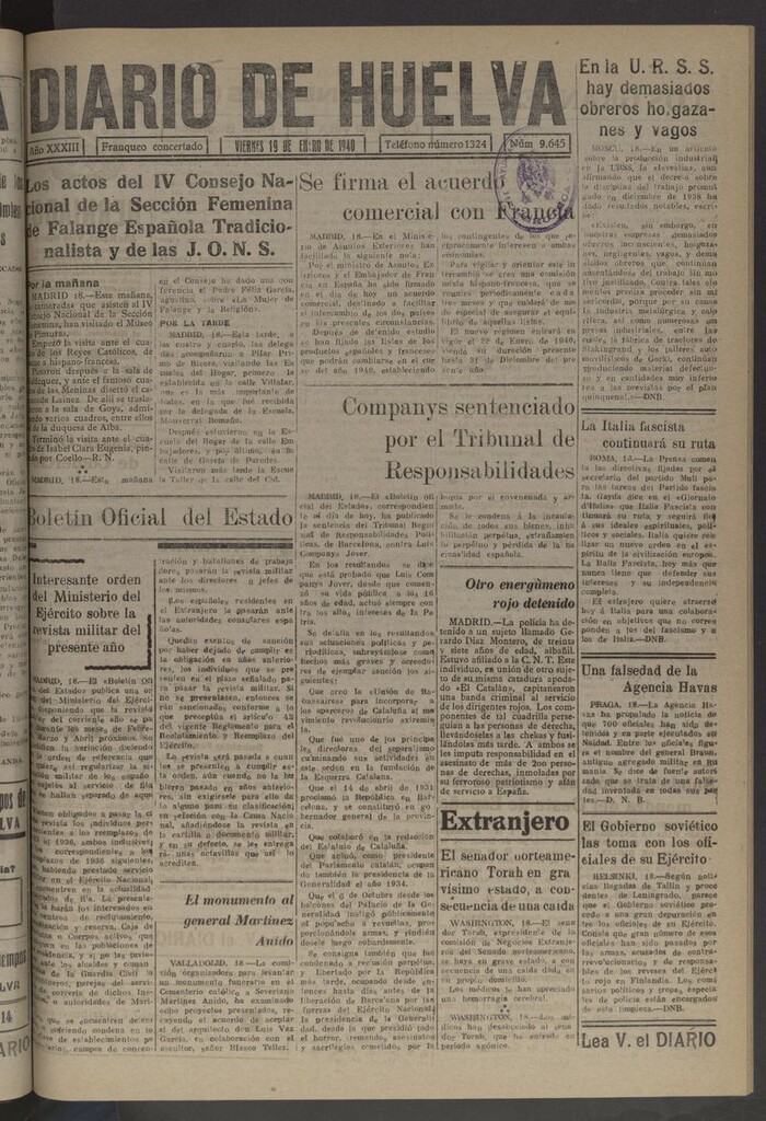 Miniatura de Diario de Huelva : periódico independiente del 19 de enero de 1940