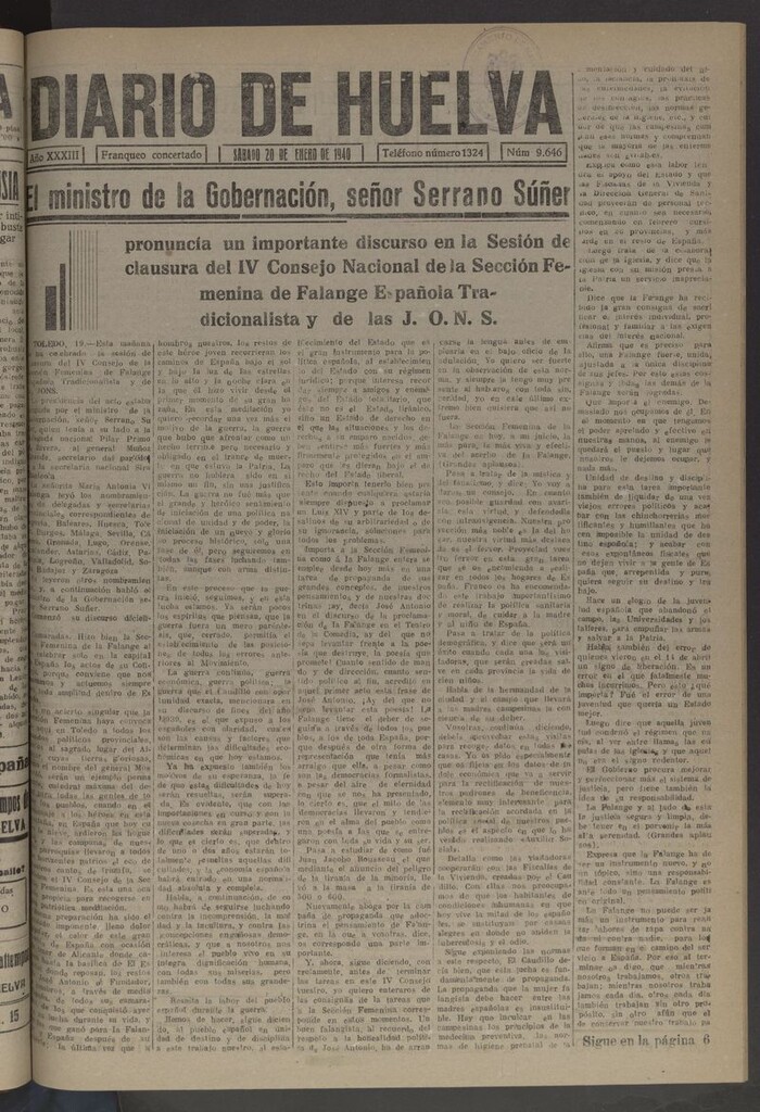 Miniatura de Diario de Huelva : periódico independiente del 20 de enero de 1940
