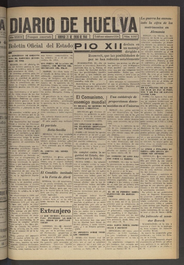 Miniatura de Diario de Huelva : periódico independiente del 21 de enero de 1940