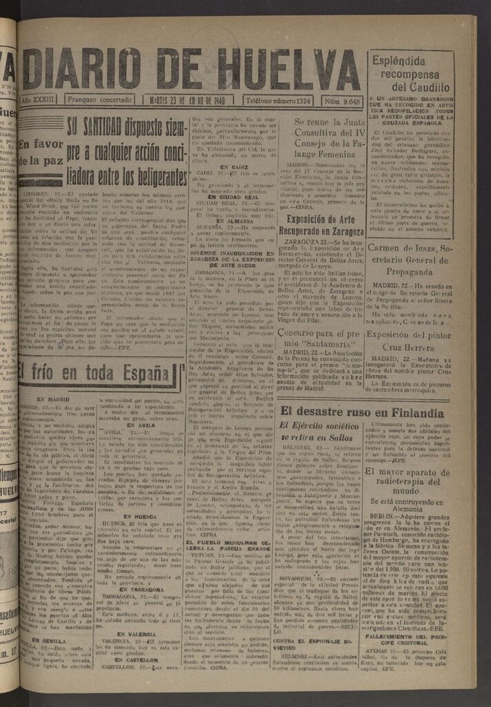 Miniatura de Diario de Huelva : periódico independiente del 23 de enero de 1940