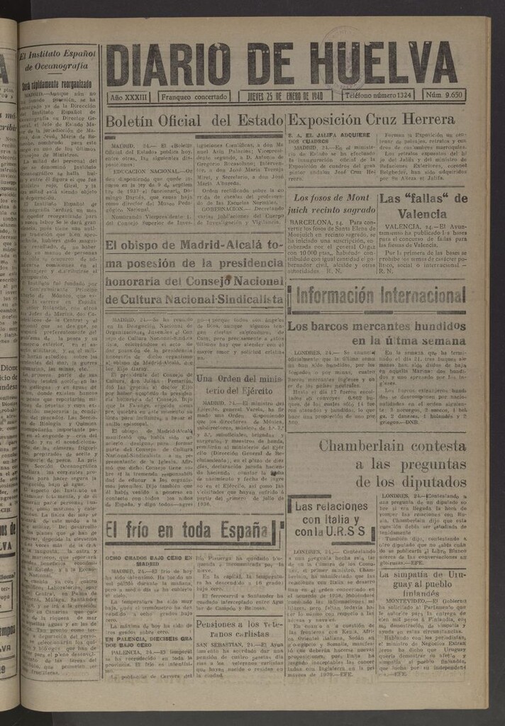 Miniatura de Diario de Huelva : periódico independiente del 25 de enero de 1940