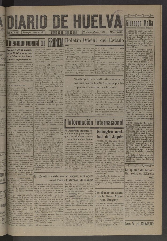 Miniatura de Diario de Huelva : periódico independiente del 26 de enero de 1940