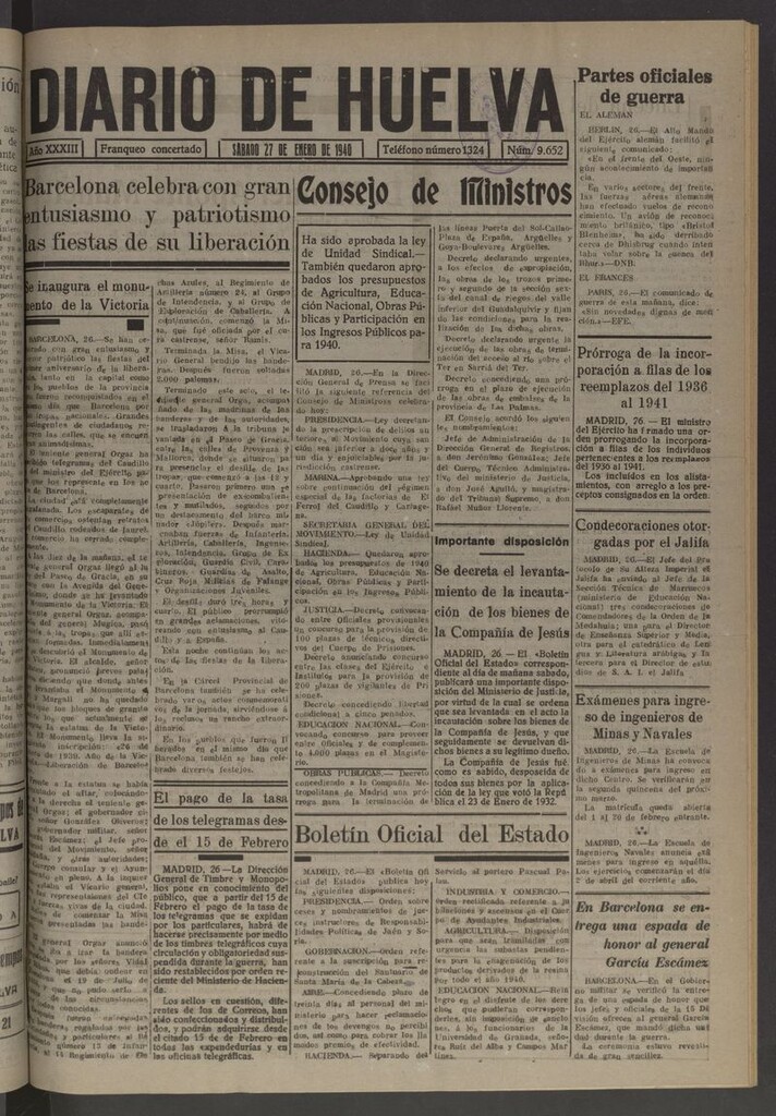 Miniatura de Diario de Huelva : periódico independiente del 27 de enero de 1940