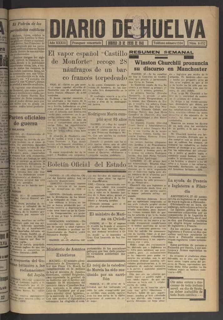 Miniatura de Diario de Huelva : periódico independiente del 28 de enero de 1940