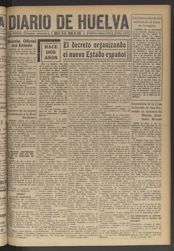 Miniatura de Diario de Huelva : periódico independiente del 30 de enero de 1940