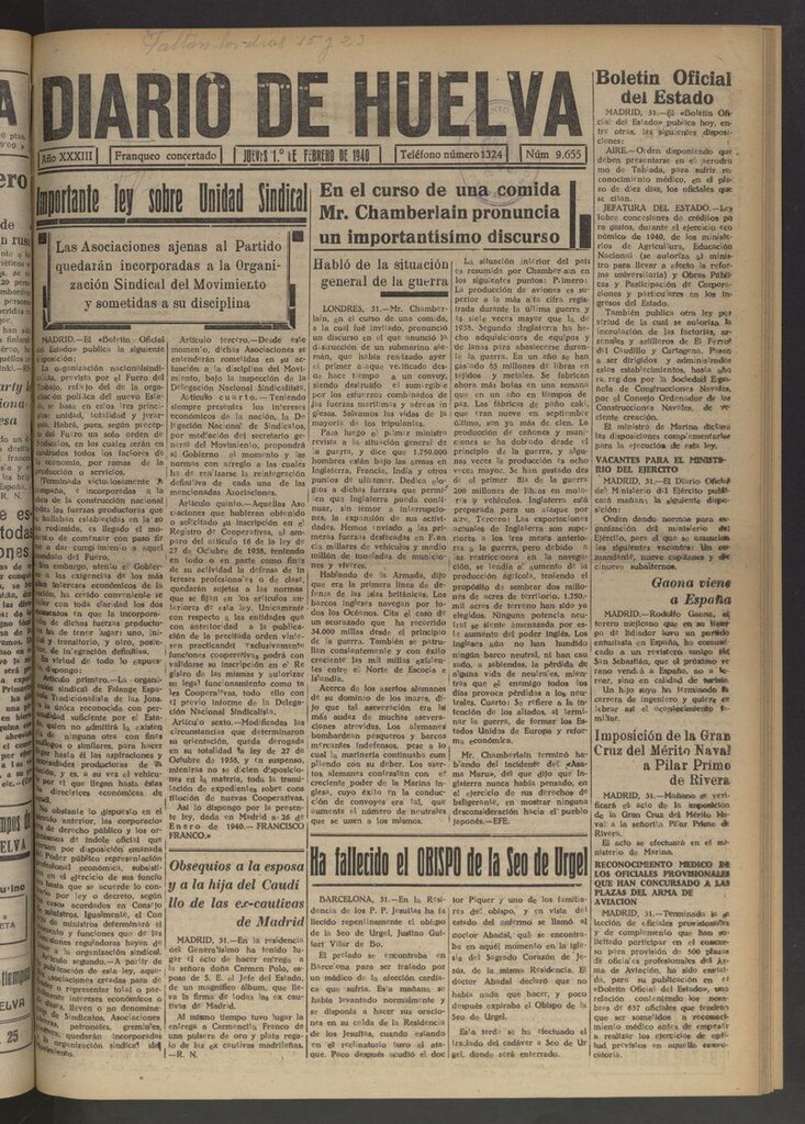 Miniatura de Diario de Huelva : periódico independiente del 1 de febrero de 1940