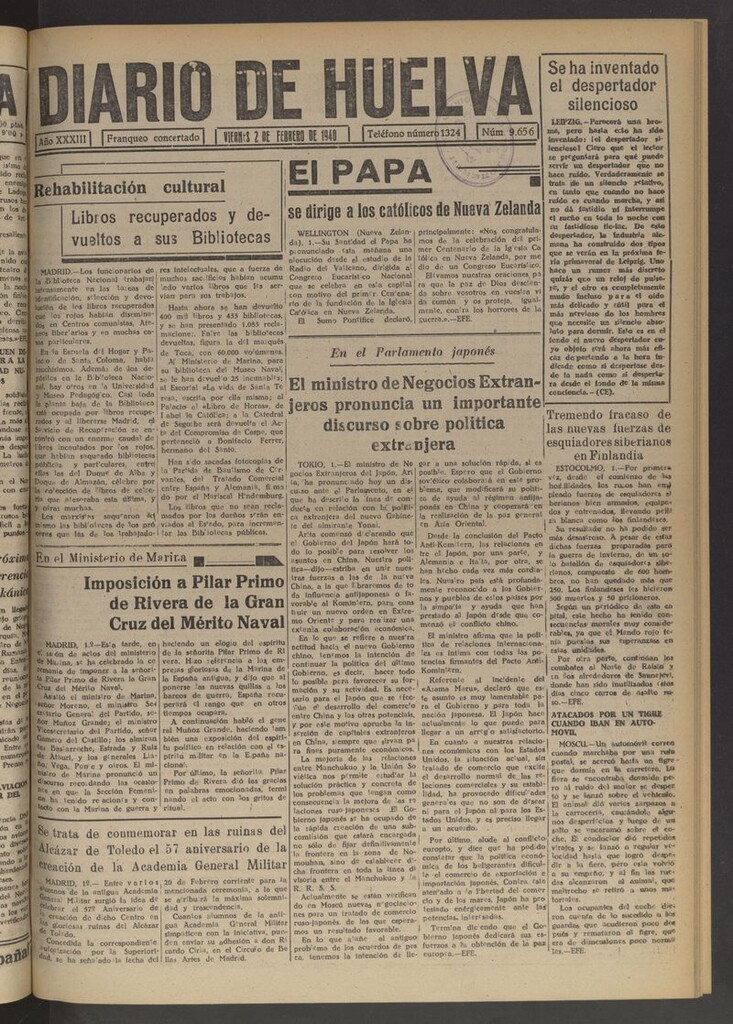 Miniatura de Diario de Huelva : periódico independiente del 2 de febrero de 1940