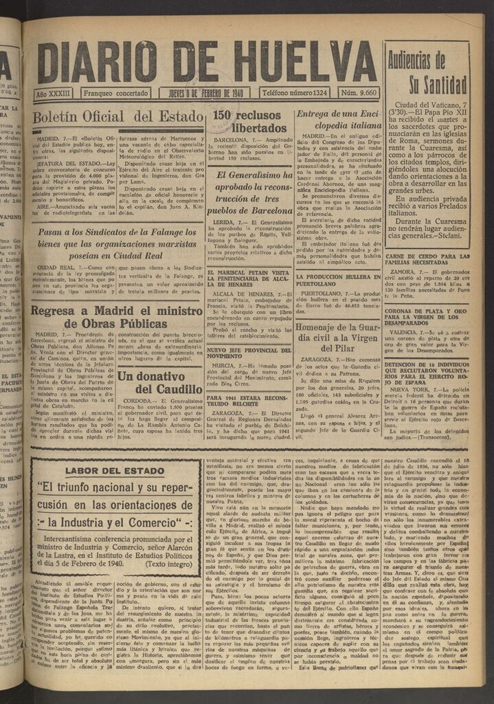 Miniatura de Diario de Huelva : periódico independiente del 8 de febrero de 1940