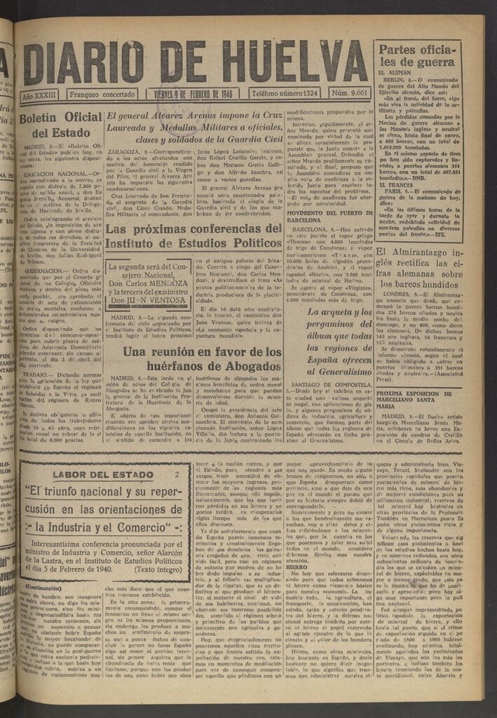 Miniatura de Diario de Huelva : periódico independiente del 9 de febrero de 1940