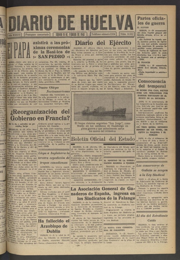 Miniatura de Diario de Huelva : periódico independiente del 10 de febrero de 1940