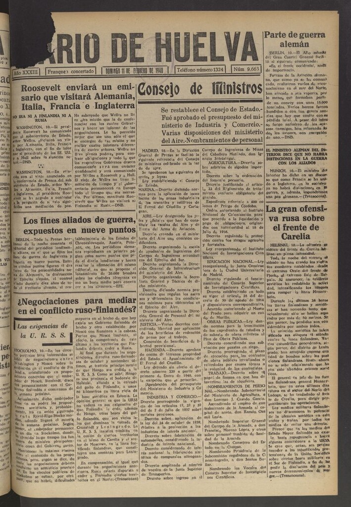 Miniatura de Diario de Huelva : periódico independiente del 11 de febrero de 1940