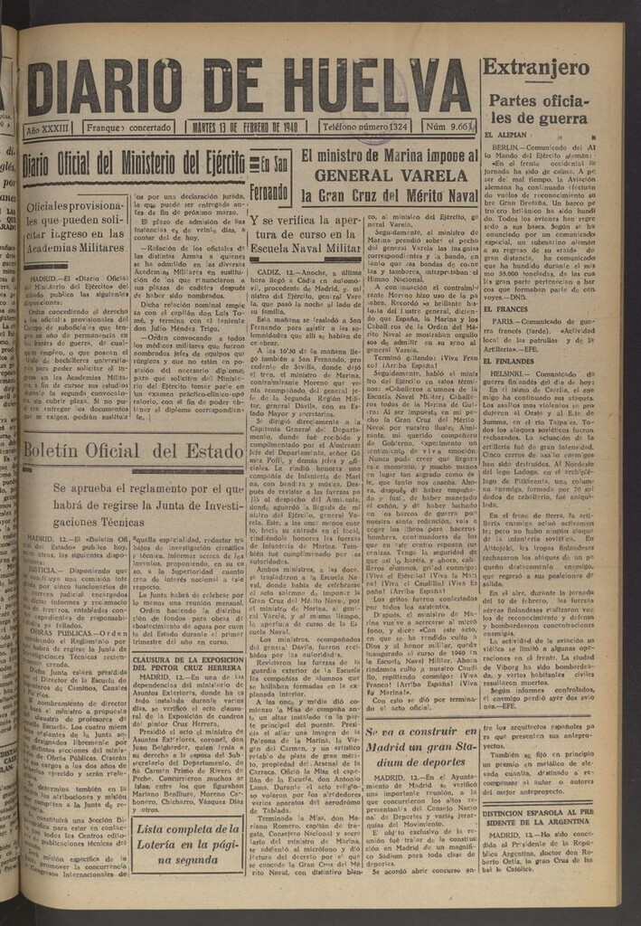 Miniatura de Diario de Huelva : periódico independiente del 13 de febrero de 1940