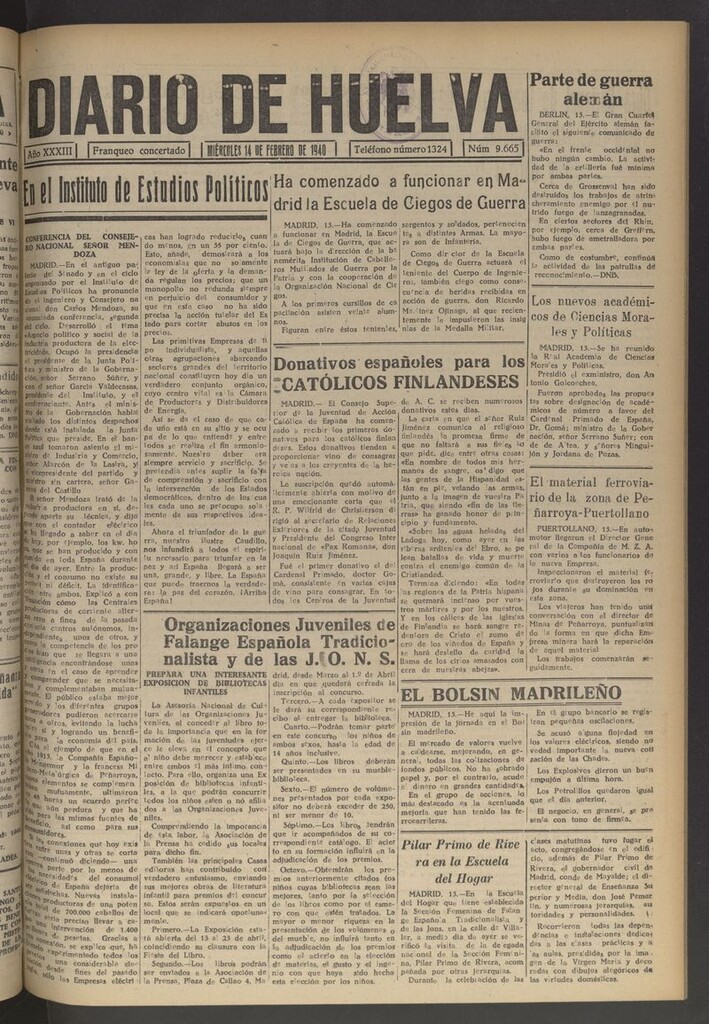 Miniatura de Diario de Huelva : periódico independiente del 14 de febrero de 1940
