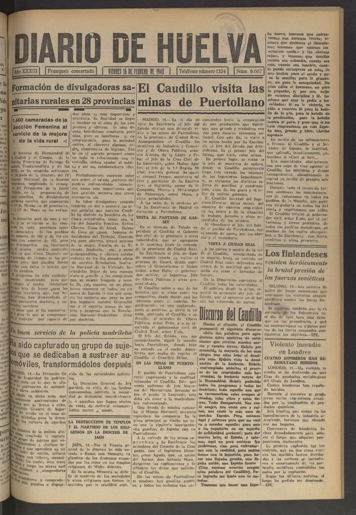 Miniatura de Diario de Huelva : periódico independiente del 16 de febrero de 1940