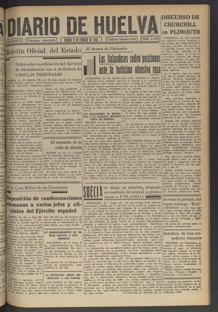 Miniatura de Diario de Huelva : periódico independiente del 17 de febrero de 1940