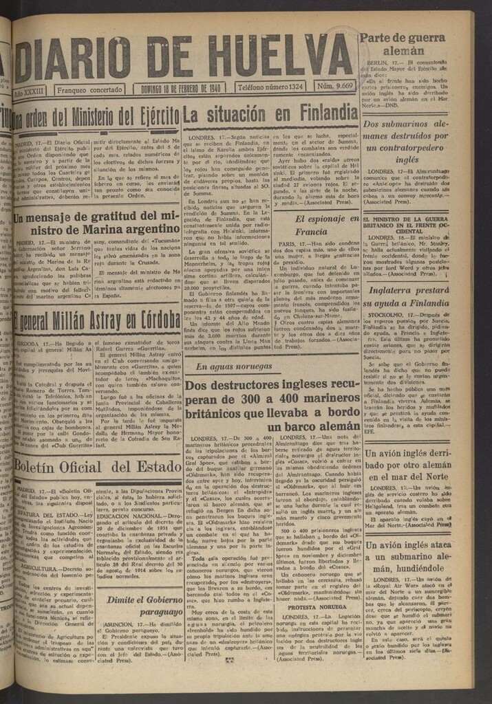 Miniatura de Diario de Huelva : periódico independiente del 18 de febrero de 1940