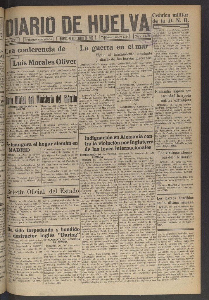 Miniatura de Diario de Huelva : periódico independiente del 20 de febrero de 1940