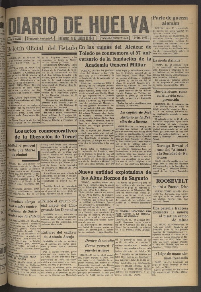 Miniatura de Diario de Huelva : periódico independiente del 21 de febrero de 1940