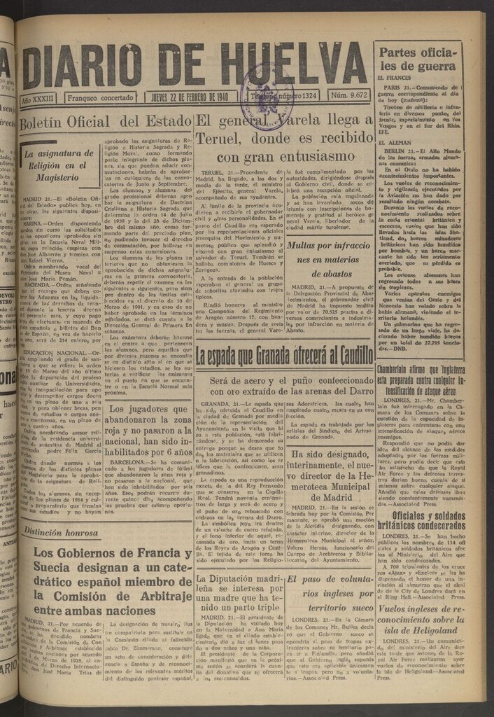 Miniatura de Diario de Huelva : periódico independiente del 22 de febrero de 1940