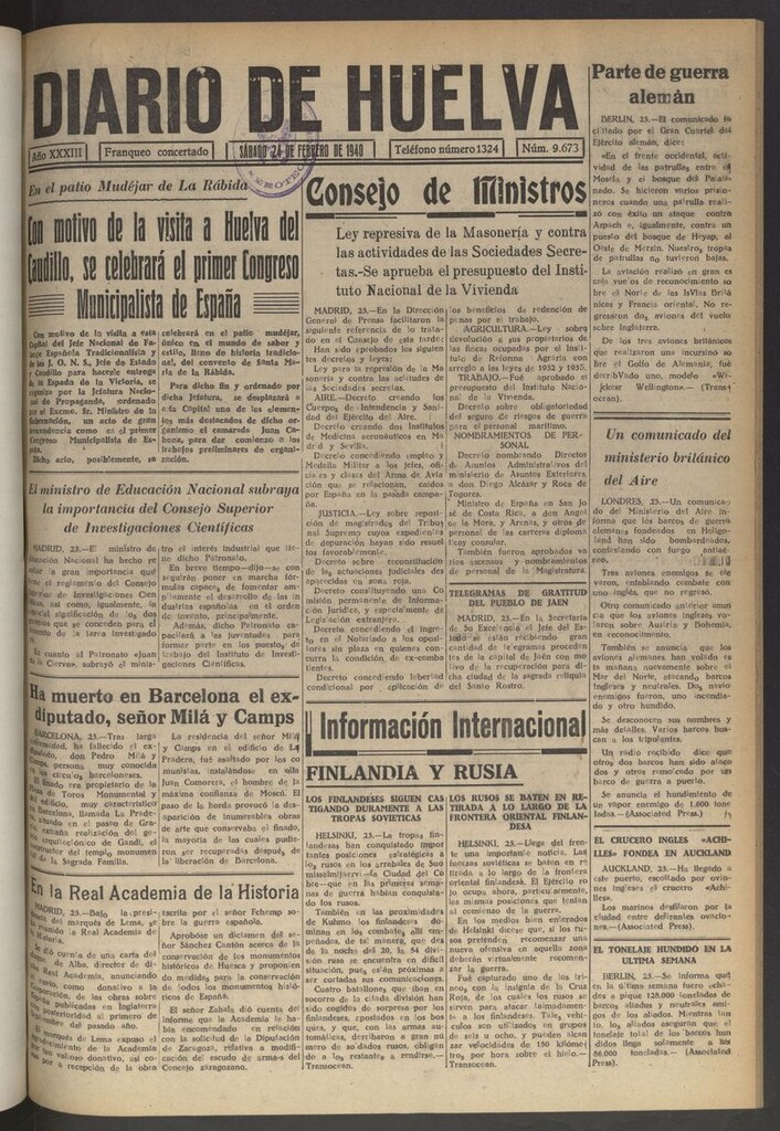 Miniatura de Diario de Huelva : periódico independiente del 24 de febrero de 1940