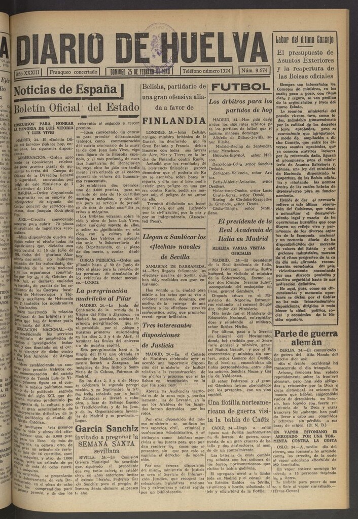 Miniatura de Diario de Huelva : periódico independiente del 25 de febrero de 1940