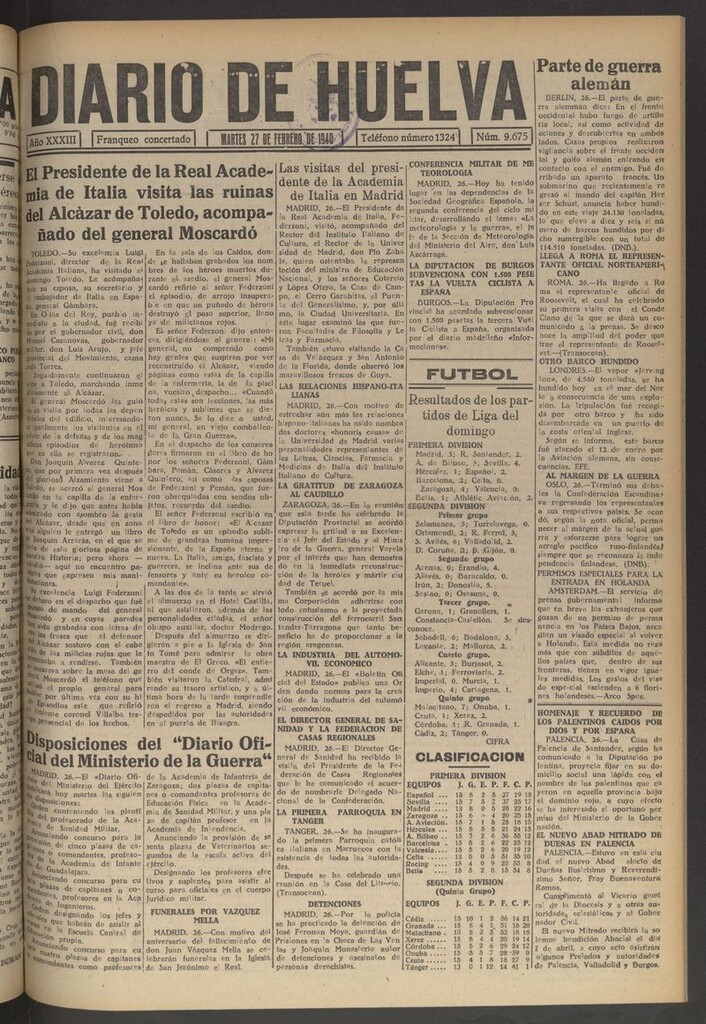 Miniatura de Diario de Huelva : periódico independiente del 27 de febrero de 1940