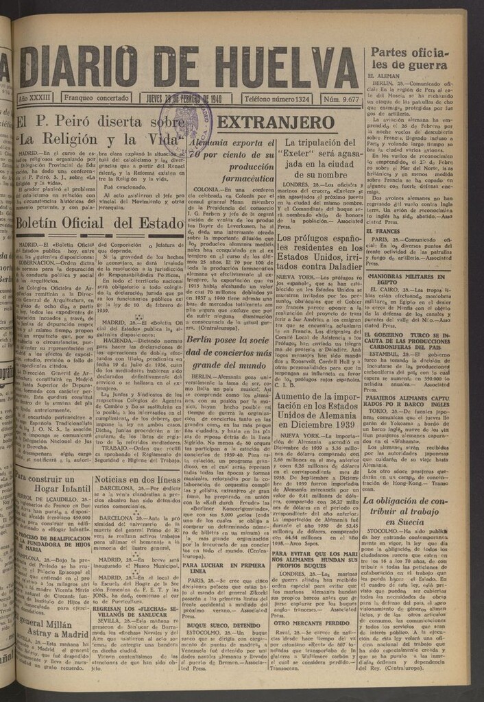 Miniatura de Diario de Huelva : periódico independiente del 29 de febrero de 1940