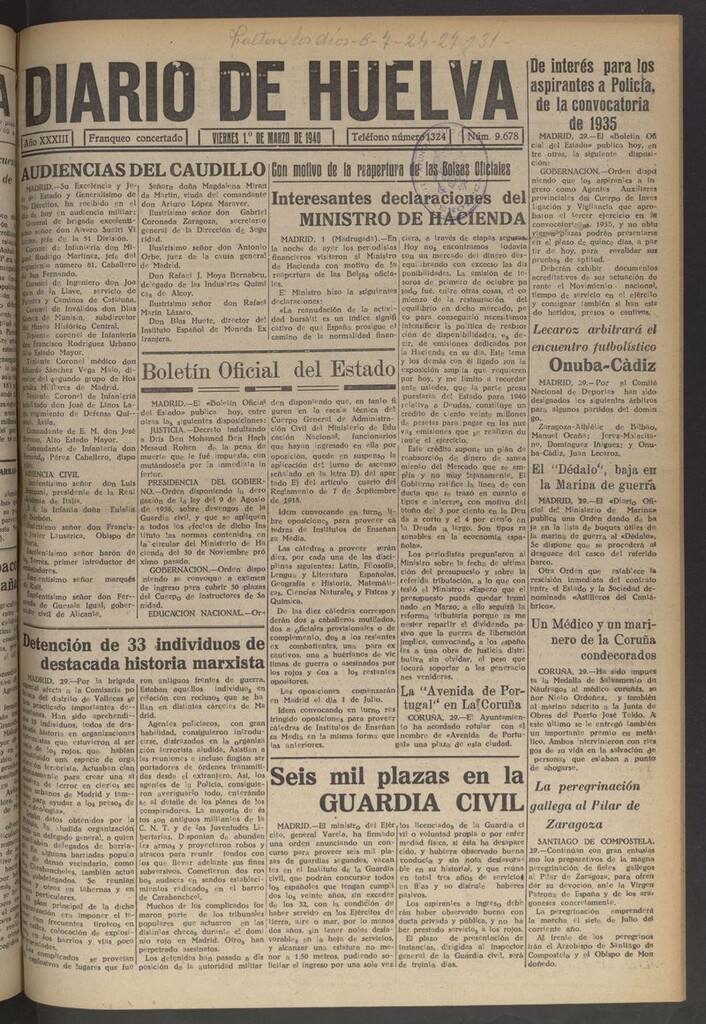Miniatura de Diario de Huelva : periódico independiente del 1 de marzo de 1940