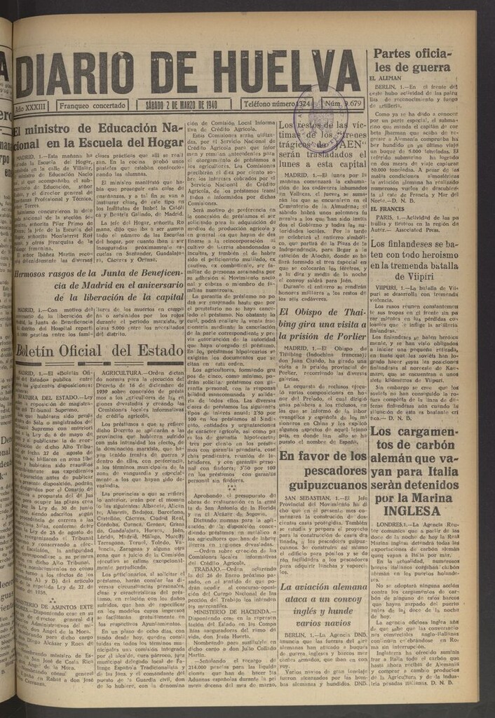 Miniatura de Diario de Huelva : periódico independiente del 2 de marzo de 1940