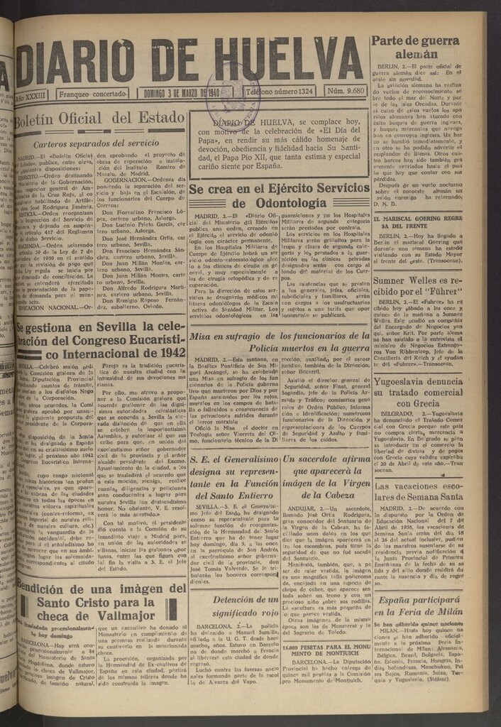 Miniatura de Diario de Huelva : periódico independiente del 3 de marzo de 1940