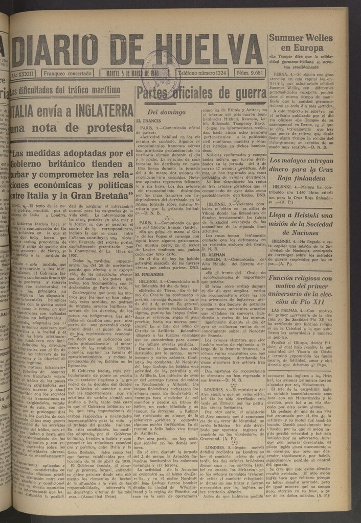 Miniatura de Diario de Huelva : periódico independiente del 5 de marzo de 1940