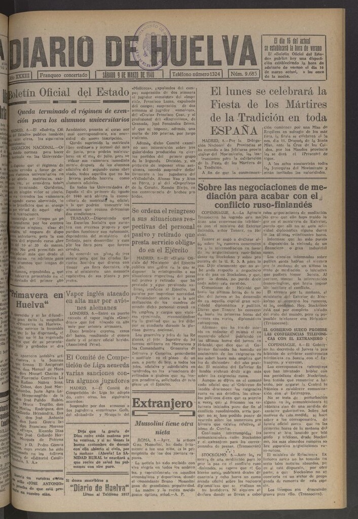 Miniatura de Diario de Huelva : periódico independiente del 9 de marzo de 1940