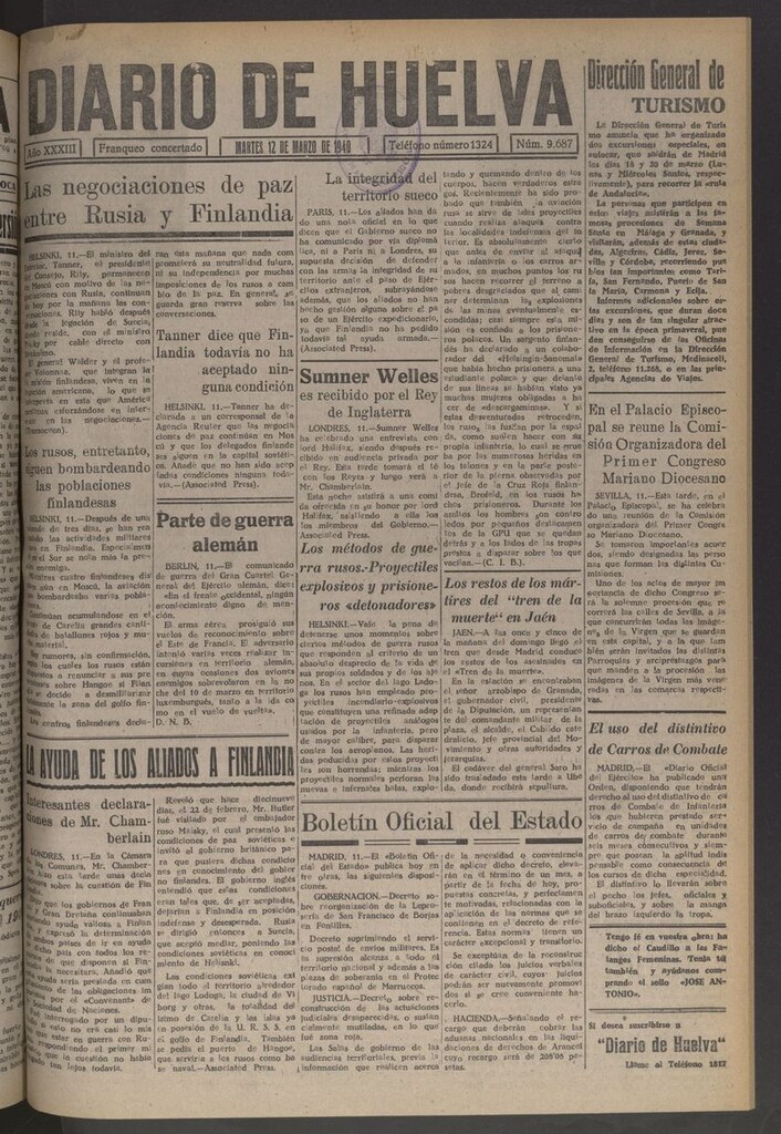 Miniatura de Diario de Huelva : periódico independiente del 12 de marzo de 1940